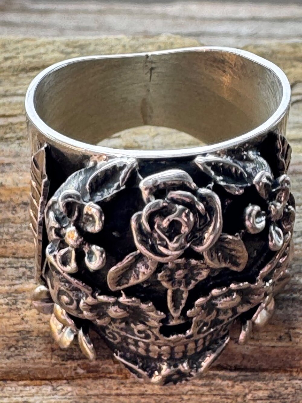 Sterling Silver 925 Sugar Skull Floral Wide Band Ring Size 9.5 JJ 19.83g - Picture 3 of 14